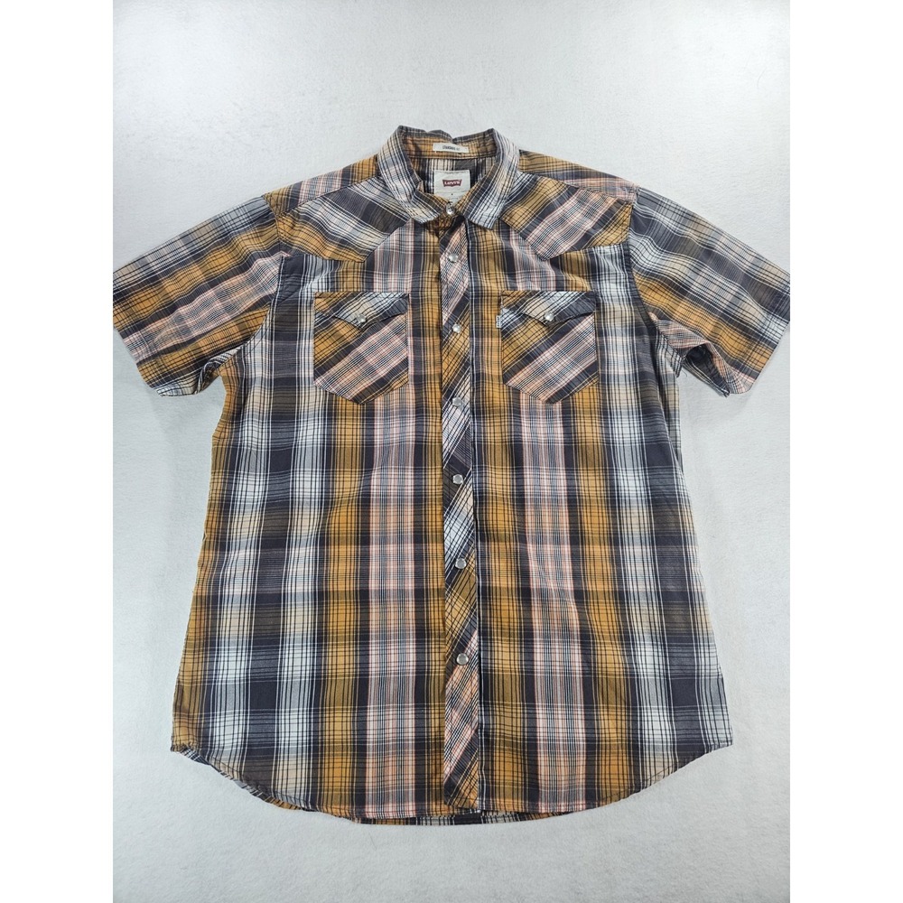 Levi's Men's Orange Plaid Casual Pearl Snap Shirt M Short Sleeve Western - Picture 2 of 8